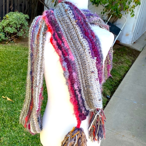 LONG RED GRAY SILVER PURPLE METALLIC SCARF - OVER 3 FEET LONG!!! WARM WI… - Picture 7 of 8